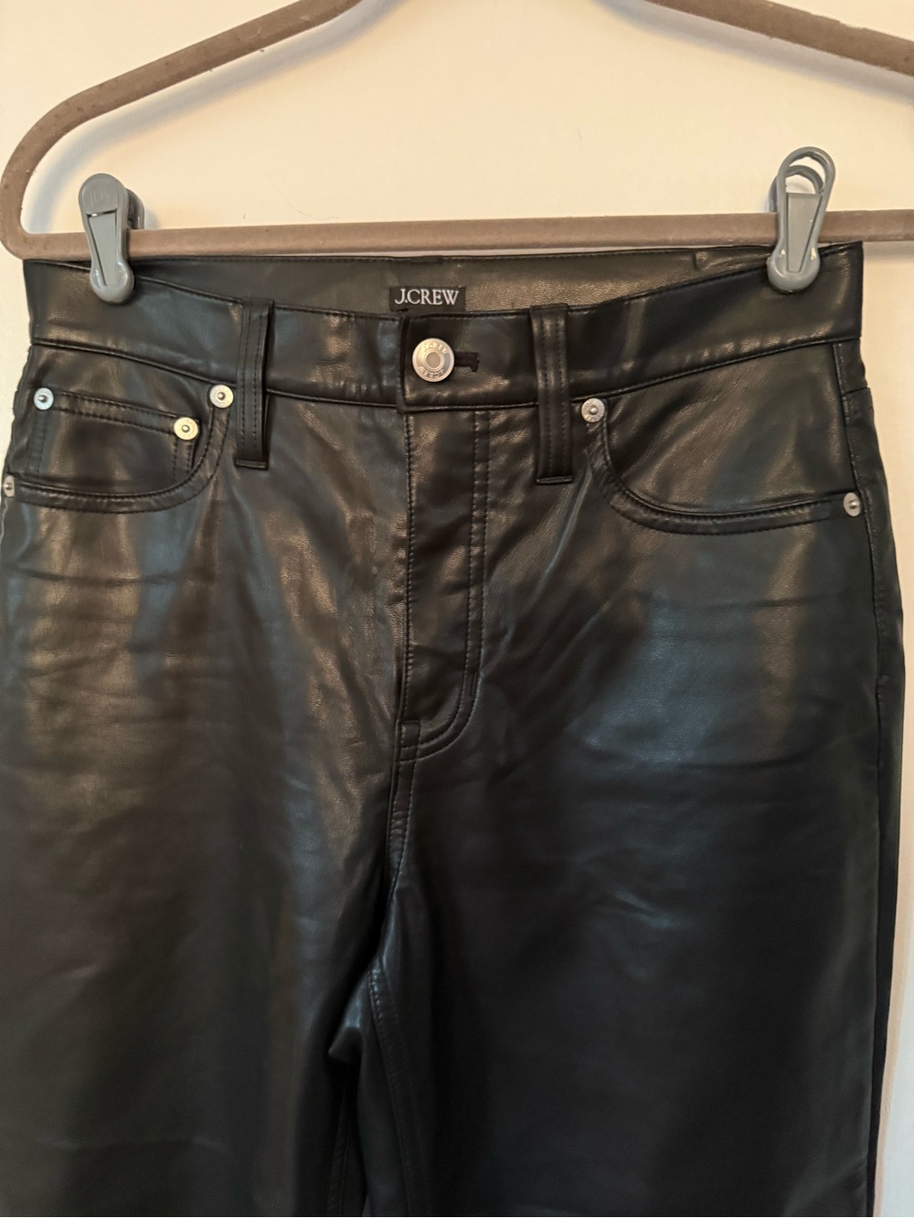J Crew Black Faux Leather Slim Wide  Leg Pants Size 25 High Rise 5 Pockets